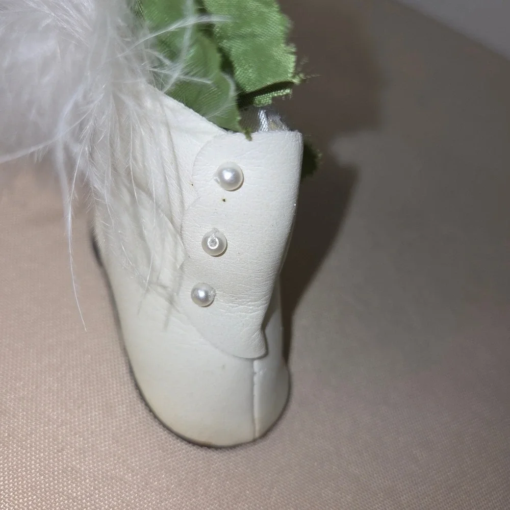 Vintage‎ Miniature White Leather Bootie Doll Shoe Ornament Feather Floral